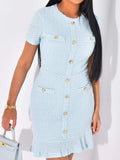 Button-Front Short Sleeve Textured Dress - Trendsi - Flyclothing LLC