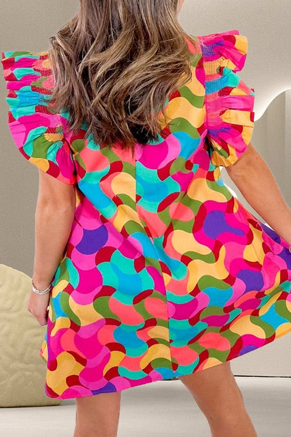 Contrast Print Round Neck Cap Sleeve Mini Dress - Trendsi - Flyclothing LLC