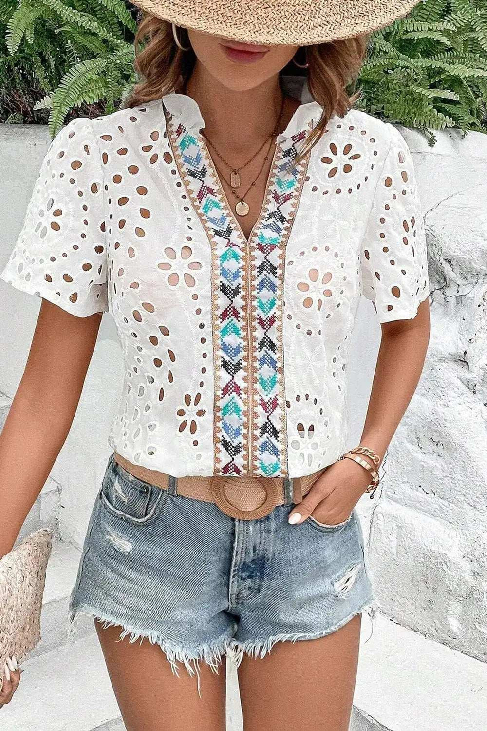 Eyelet Frill Short Sleeve Blouse - Trendsi - Flyclothing LLC