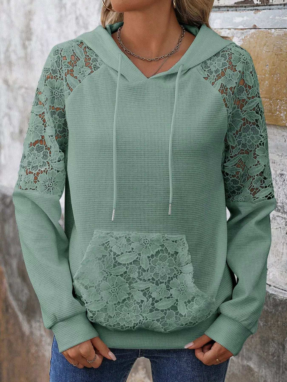 Lace Detail Drawstring Long Sleeve Hoodie - Trendsi - Flyclothing LLC