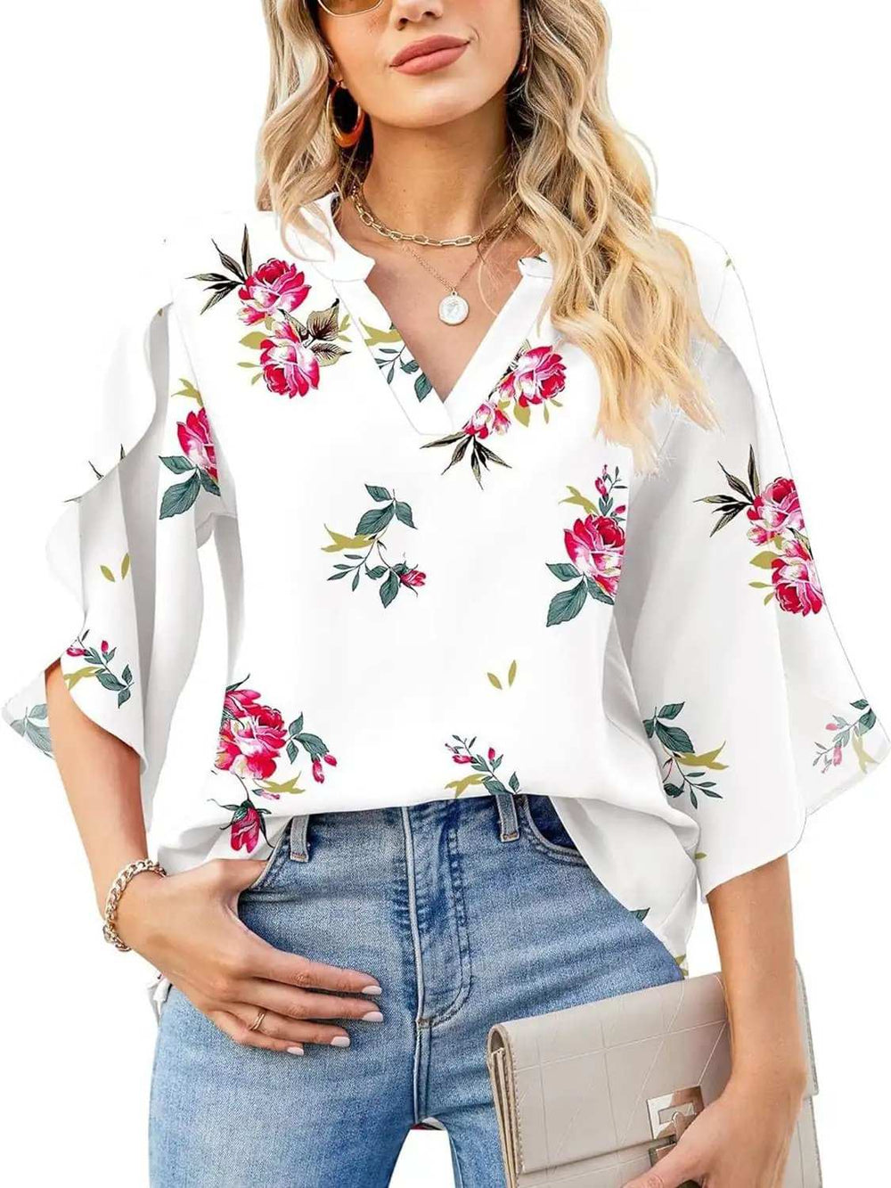 Printed Notched Half Sleeve Blouse - Trendsi - Flyclothing LLC