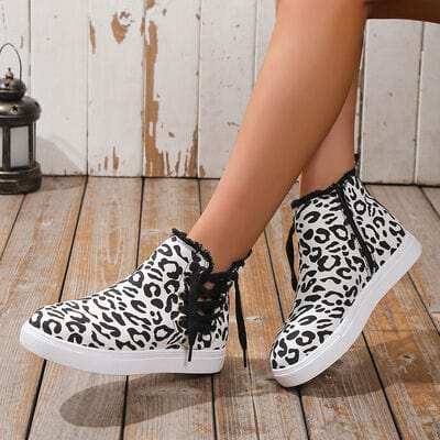 Lace-Up Round Toe Canvas Boots with Side Zip - Trendsi - Flyclothing LLC