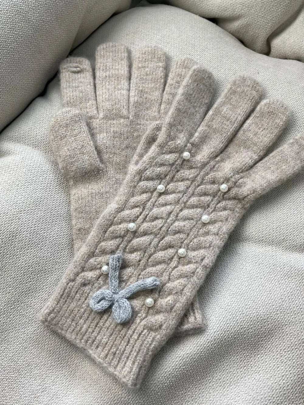 Thermal Pearl Detail Bow Five-Finger Gloves - Trendsi - Flyclothing LLC