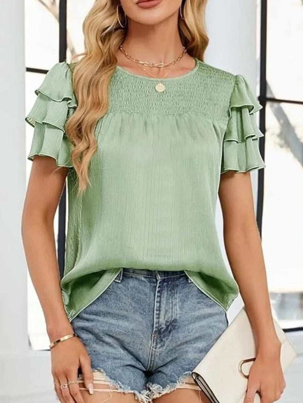 Smocked Round Neck Ruffled Layered Sleeve Blouse - Trendsi - Flyclothing LLC