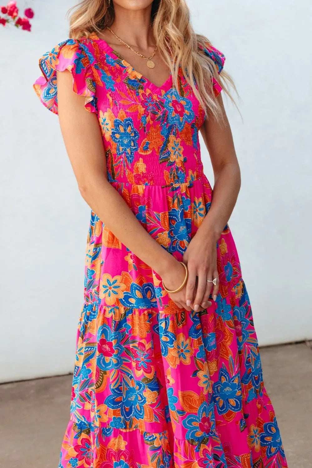 Boho Floral V Neck Ruffle Tiered Dress - Trendsi - Flyclothing LLC
