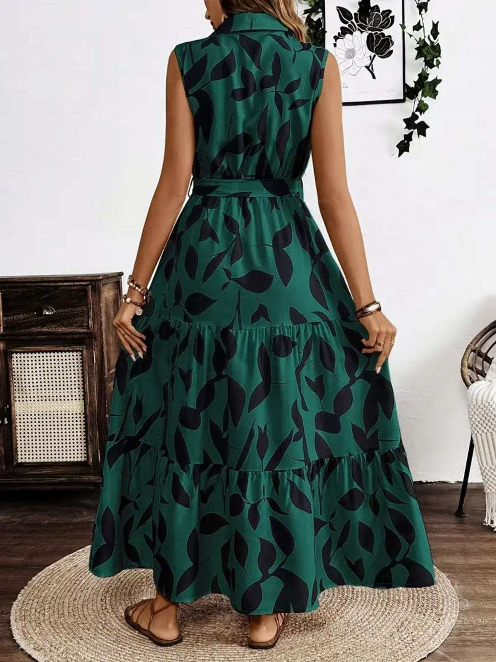 Printed Tie Waist Sleeveless Maxi Dress - Trendsi - Flyclothing LLC