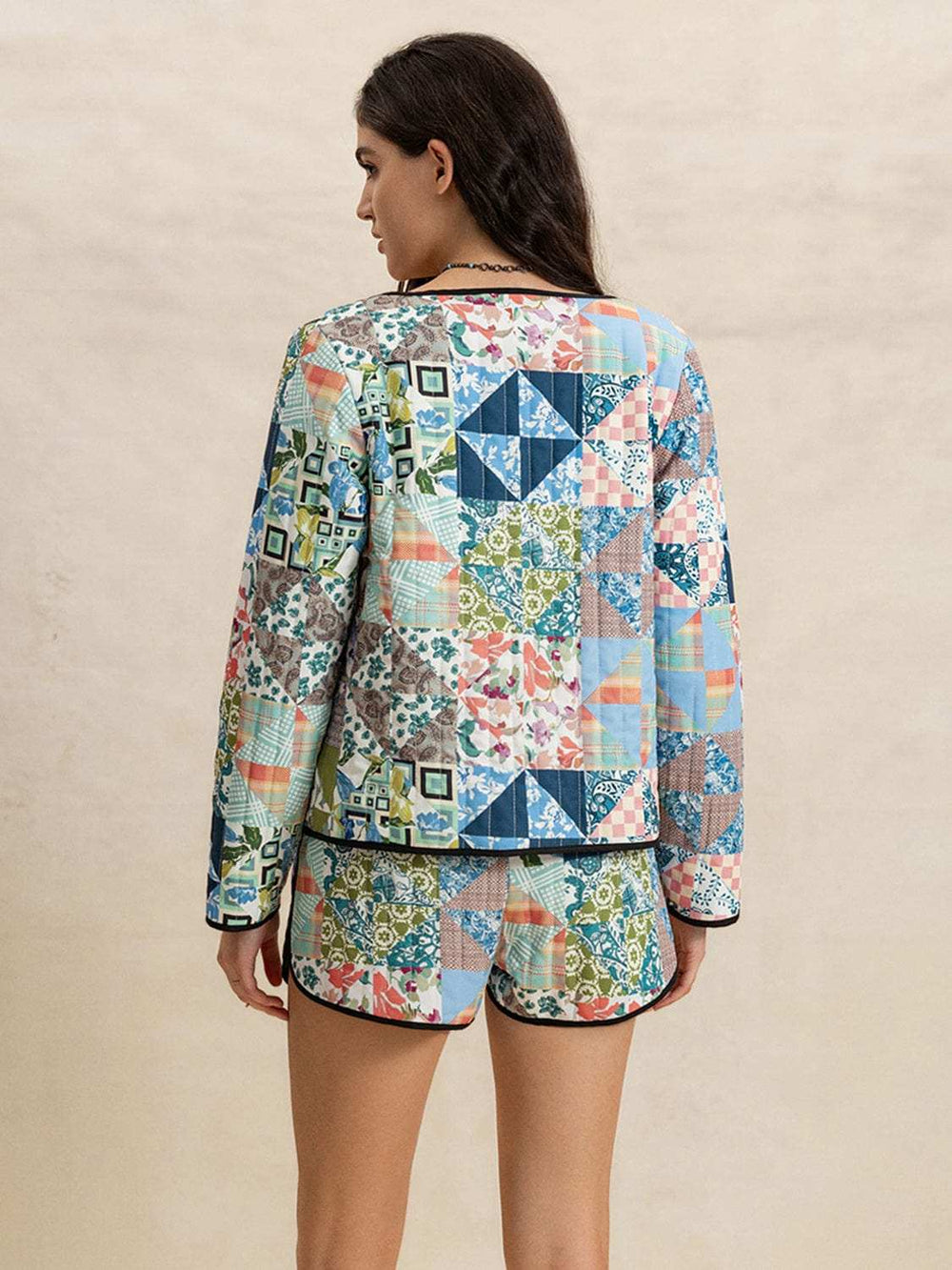 Printed Button Up Long Sleeve Outerwear and Shorts Set - Trendsi - Flyclothing LLC