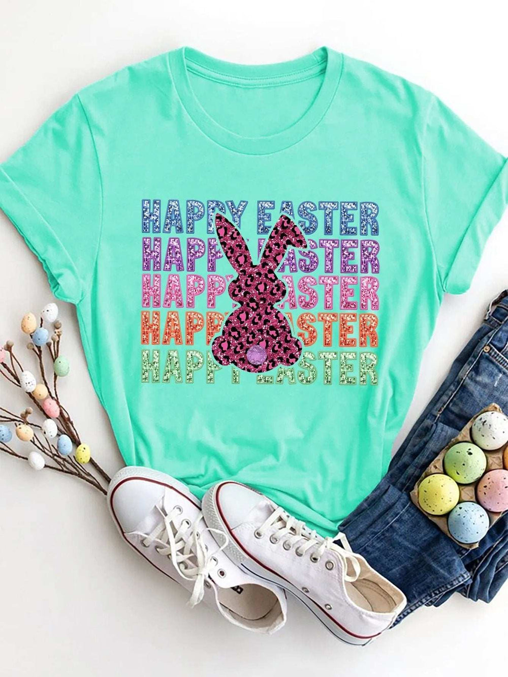 HAPPY EASTER Round Neck Short Sleeve T-Shirt - Trendsi - Flyclothing LLC