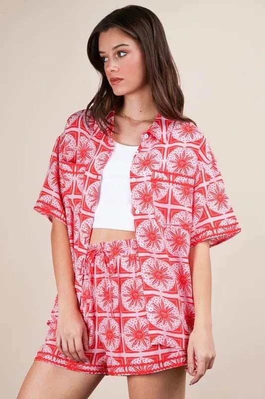 VERY J Full Size Tropical Printed Shirt Top and Shorts Set Plus Size - Trendsi - Flyclothing LLC