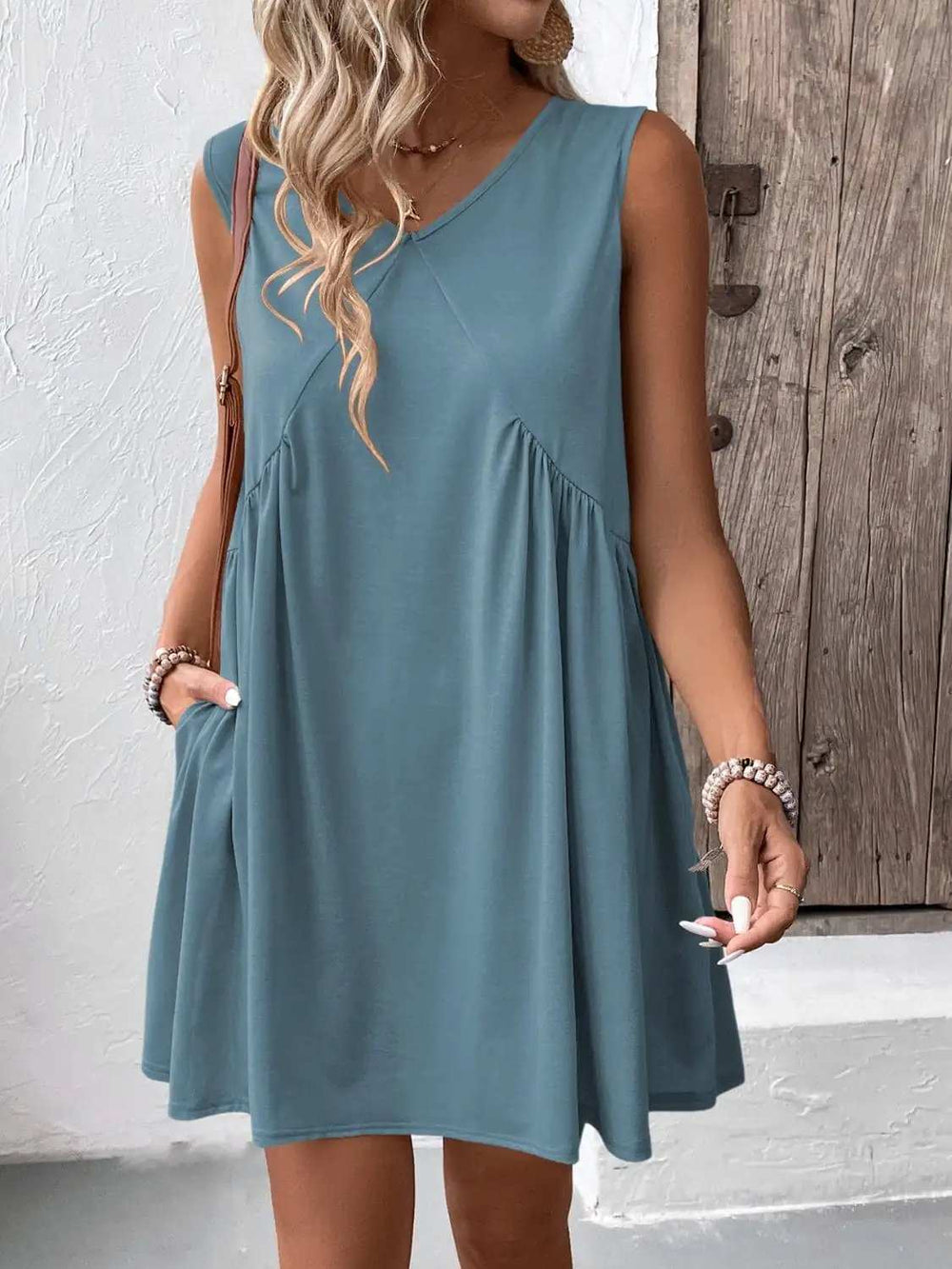 Ivy Lane Ruched V-Neck Sleeveless Mini Dress - Trendsi - Flyclothing LLC