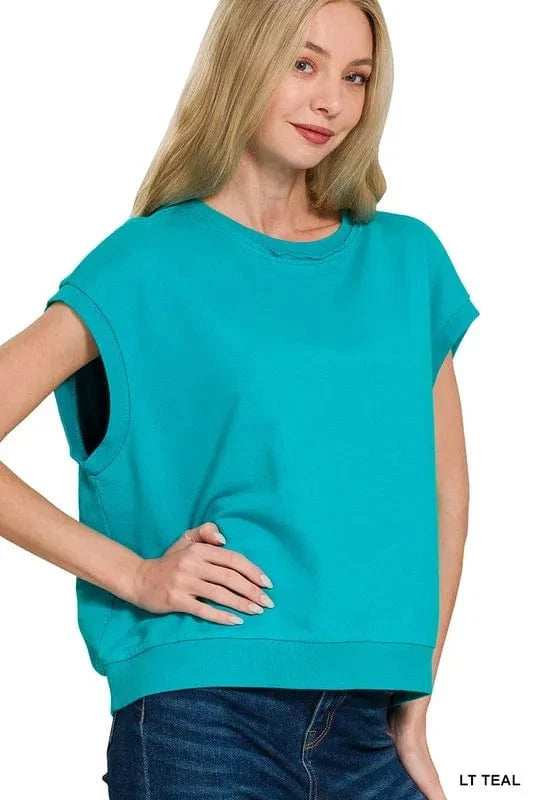 Zenana French Terry Round Neck Cap Sleeve T-Shirt - Trendsi - Flyclothing LLC