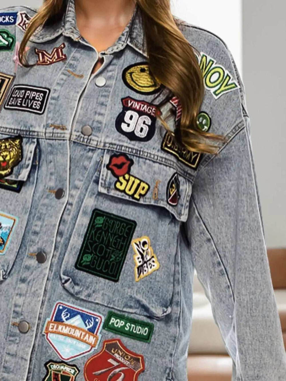 Embroidered Patch Button Up Long Sleeve Denim Jacket - Trendsi - Flyclothing LLC