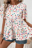 Polka Dot Short Sleeve Tiered Ruffled Babydoll Blouse - Trendsi - Flyclothing LLC