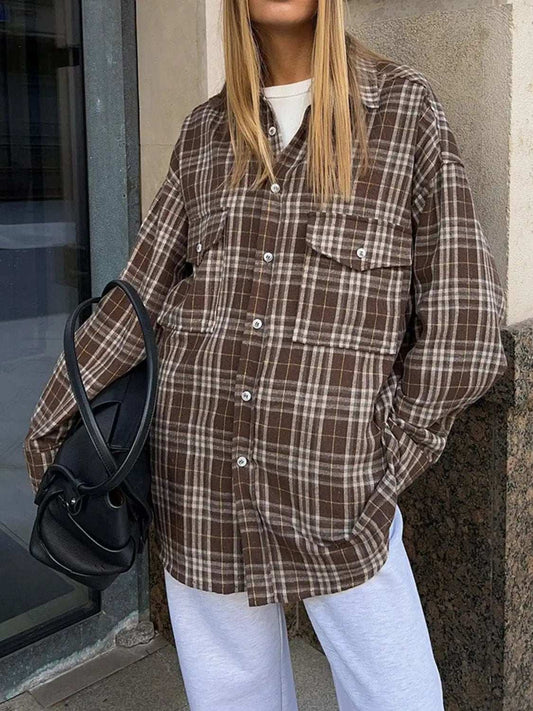 Pocketed Plaid Button Up Shacket - Trendsi - Flyclothing LLC
