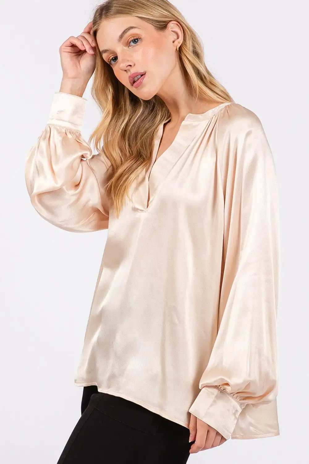 SAGE + FIG Notched Long Sleeve Blouse - Trendsi - Flyclothing LLC