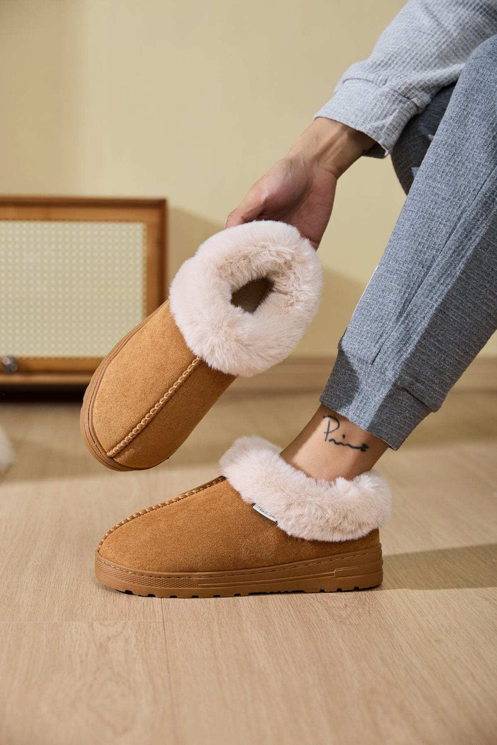 Faux Fur Round Toe Platform Slippers - Trendsi - Flyclothing LLC