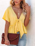 Tied Plunge Short Sleeve Blouse - Trendsi - Flyclothing LLC