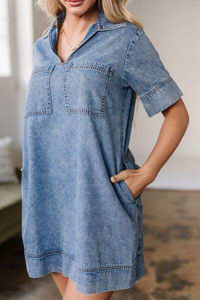 Short Sleeve Collared Patched Pocket Denim Mini Dress - Trendsi - Flyclothing LLC