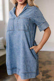 Short Sleeve Collared Patched Pocket Denim Mini Dress - Trendsi - Flyclothing LLC