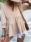 Ruffled Notched Three-Quarter Sleeve Blouse - Trendsi - Flyclothing LLC