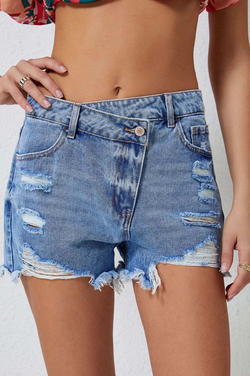 High Rise Crossover Waist Denim Shorts - Trendsi - Flyclothing LLC