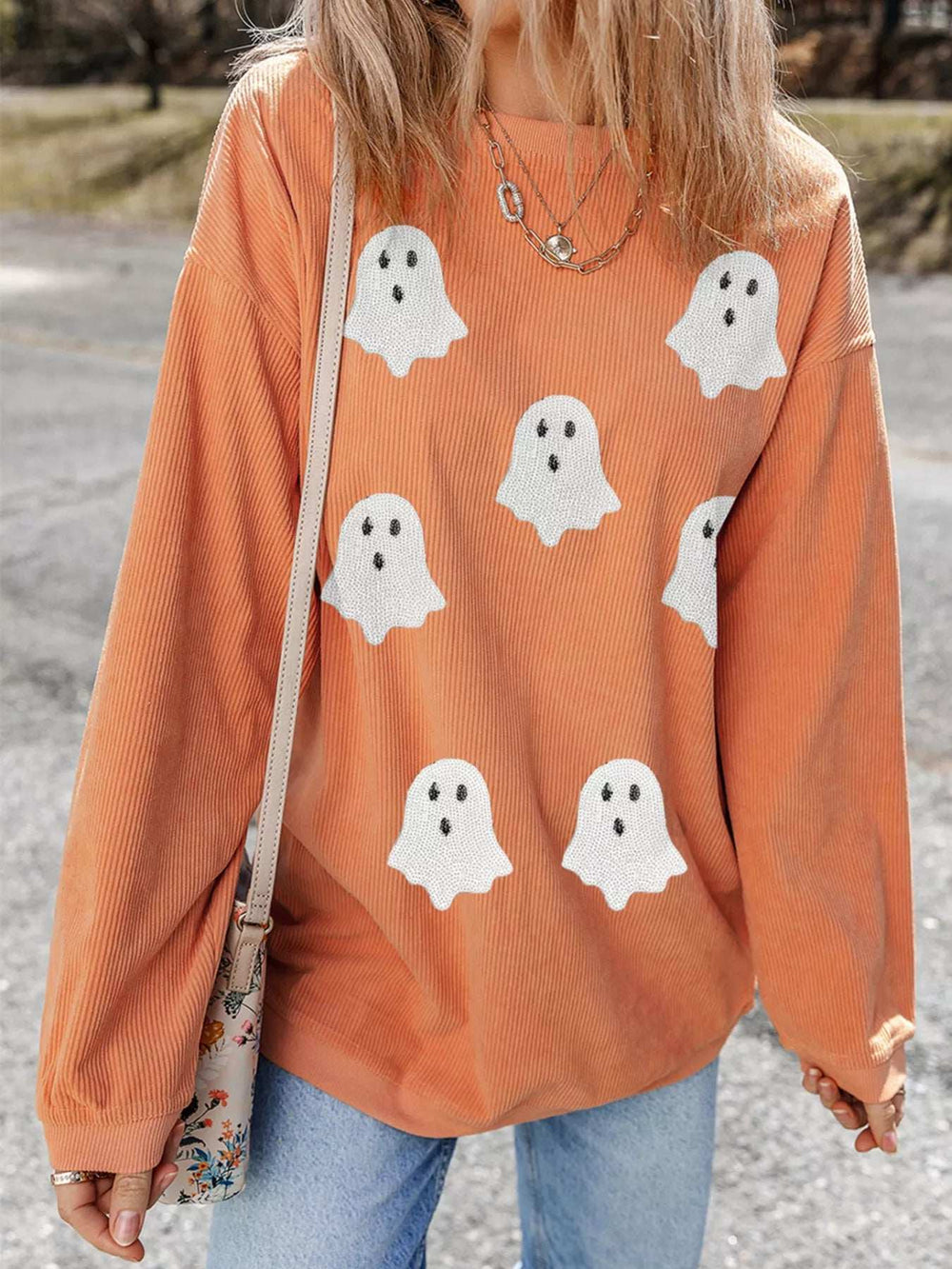 Halloween Ghost Sequin Patched Twisted Ribbed Texture Sweatshirt - Trendsi - Flyclothing LLC