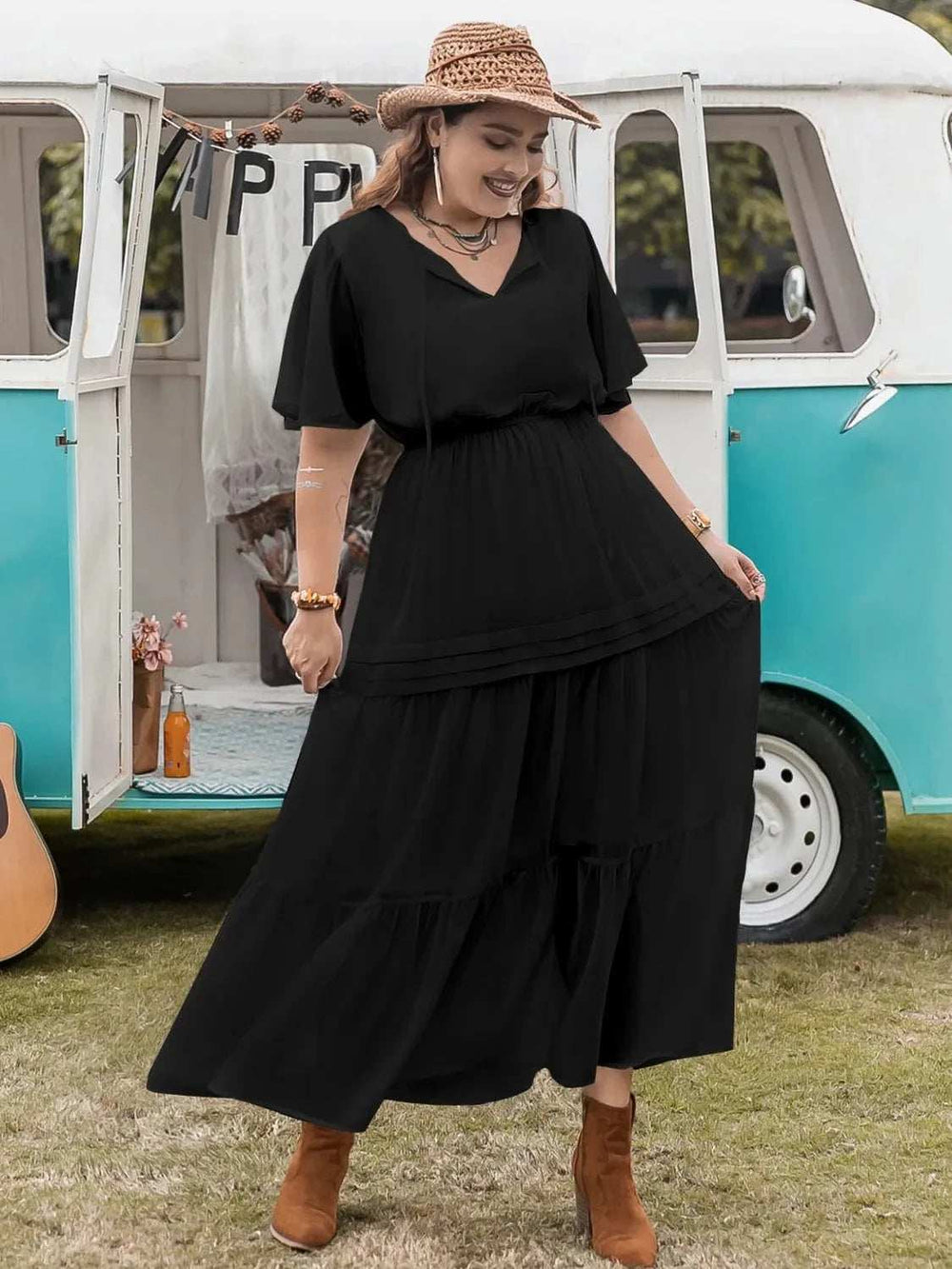 Plus Size Tie Neck Flutter Sleeve Dress - Trendsi - Flyclothing LLC