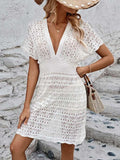 Openwork Plunge Short Sleeve Cover-Up Dress - Trendsi - Flyclothing LLC