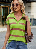 Striped Johnny Collar Cap Sleeve Sweater - Trendsi - Flyclothing LLC