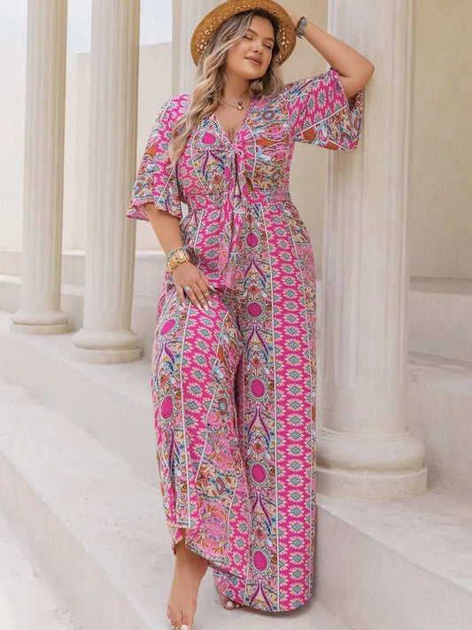Plus Size Printed Half Sleeve Wide Leg Jumpsuit - Trendsi - Flyclothing LLC