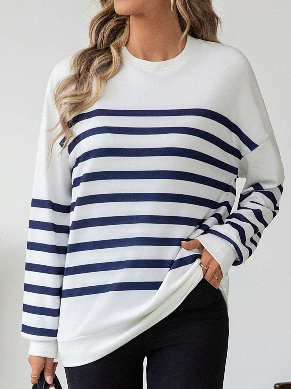 Striped Round Neck Long Sleeve T-Shirt - Trendsi - Flyclothing LLC