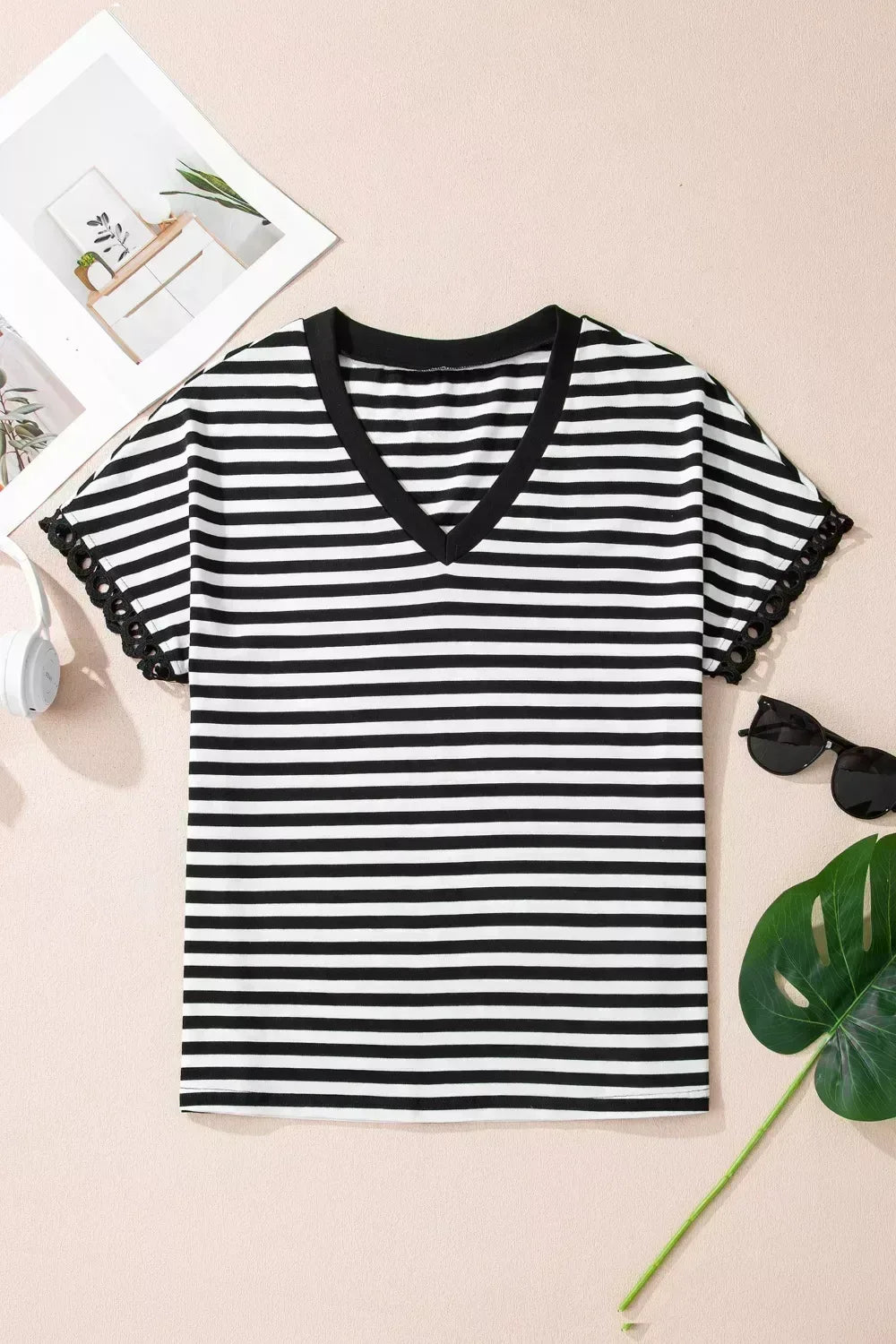 Striped Print V Neck Delicate Trim Casual Tee - Trendsi - Flyclothing LLC