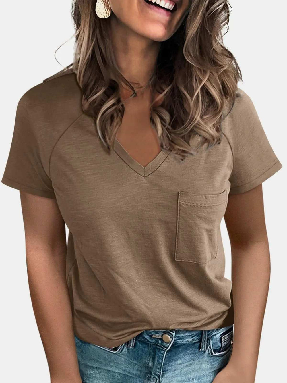 Pocketed V-Neck Short Sleeve T-Shirt - Trendsi - Flyclothing LLC