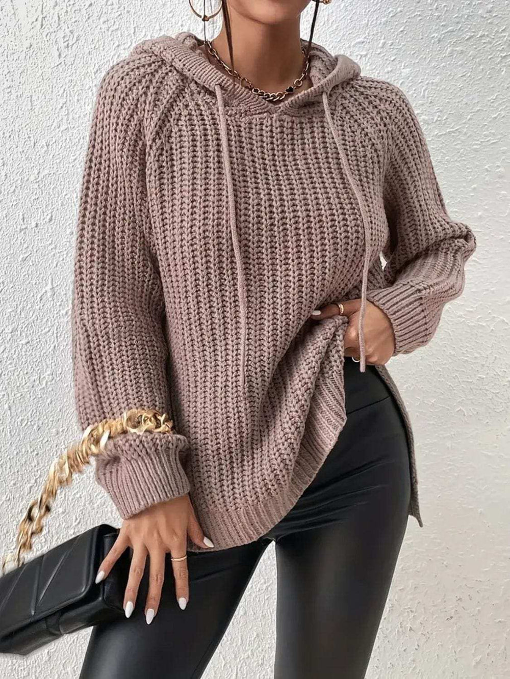 High-Low Side Slit Drawstring Long Sleeve Hooded Sweater - Trendsi - Flyclothing LLC