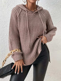 High-Low Side Slit Drawstring Long Sleeve Hooded Sweater - Trendsi - Flyclothing LLC