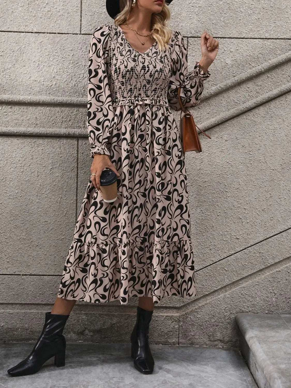 Printed V-Neck Long Sleeve Midi Dress - Trendsi - Flyclothing LLC
