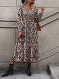Printed V-Neck Long Sleeve Midi Dress - Trendsi - Flyclothing LLC