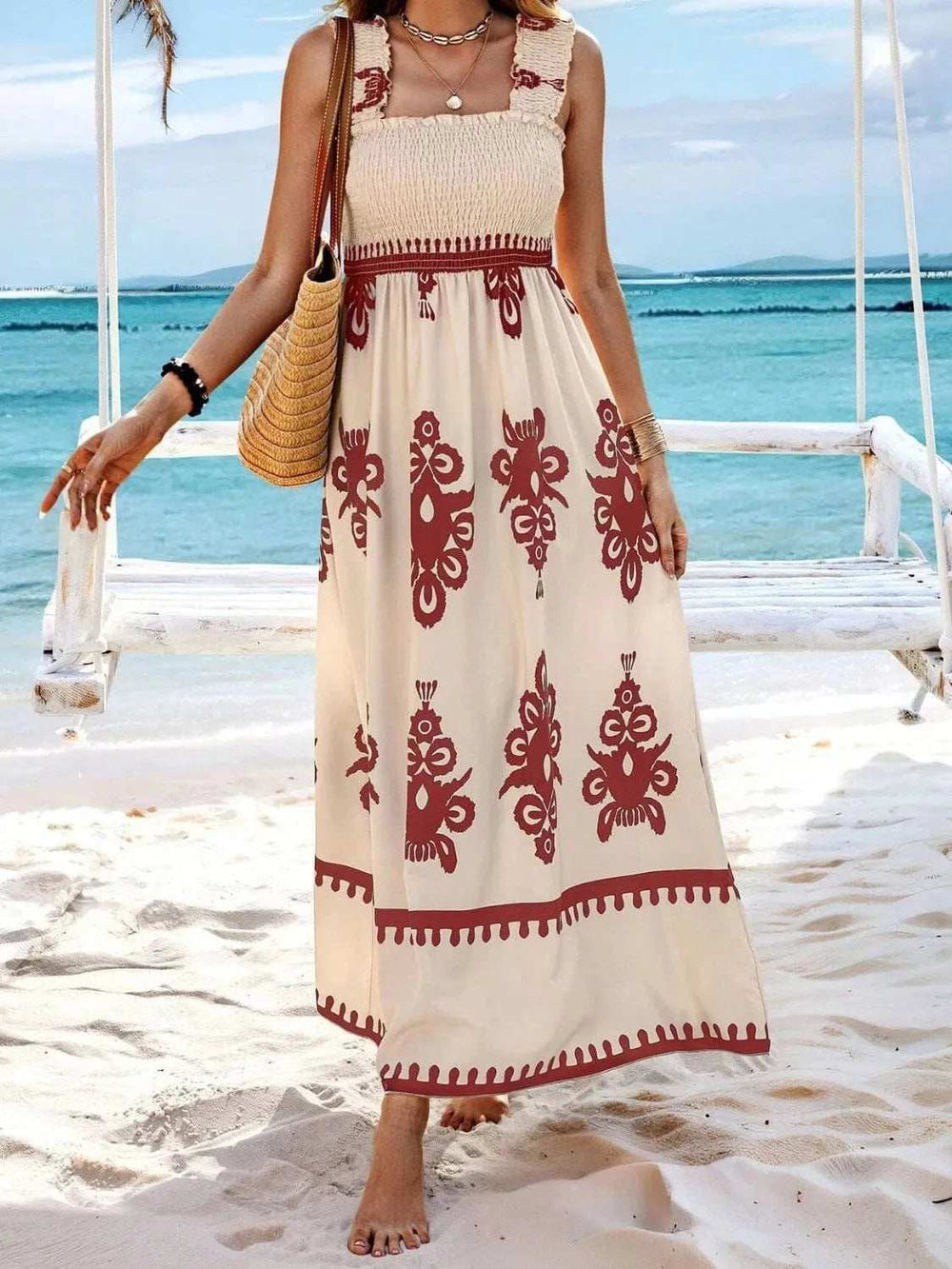 Smocked Printed Wide Strap Maxi Dress - Trendsi - Flyclothing LLC