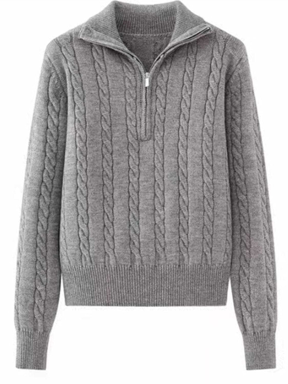 Cable-Knit Half Zip Long Sleeve Sweater - Trendsi - Flyclothing LLC