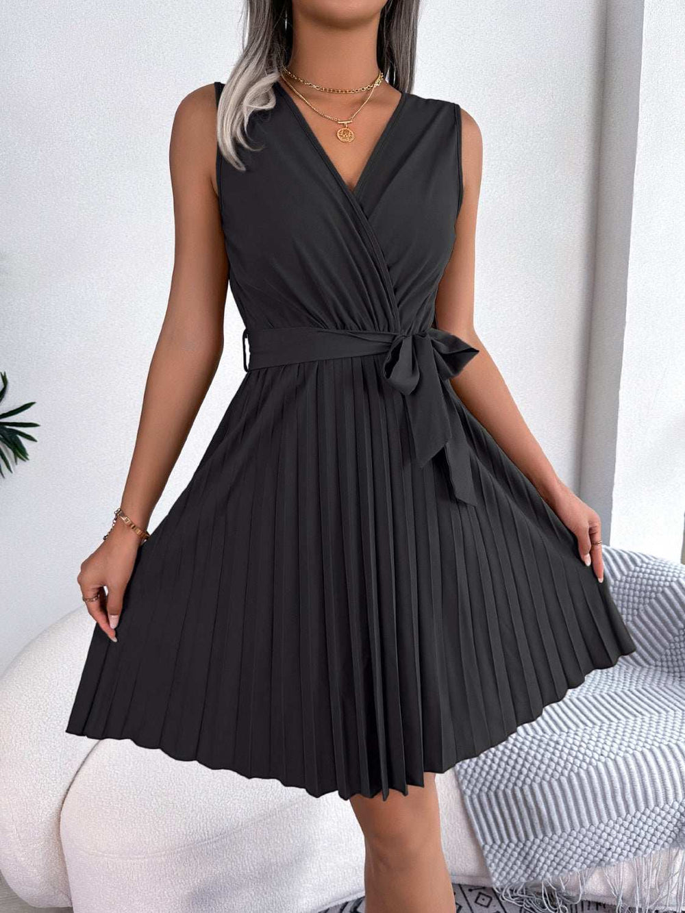 Tied Surplice Sleeveless Pleated Dress - Trendsi - Flyclothing LLC