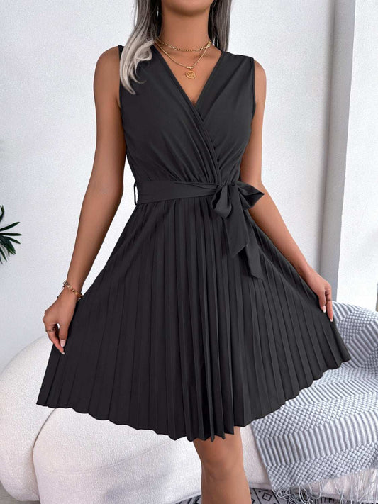 Tied Surplice Sleeveless Pleated Dress - Trendsi - Flyclothing LLC