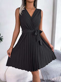 Tied Surplice Sleeveless Pleated Dress - Trendsi - Flyclothing LLC