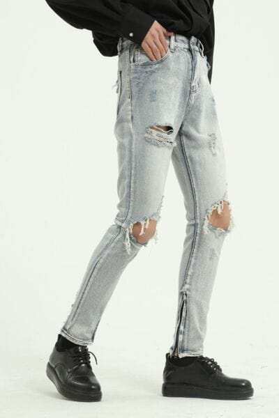 Pocketed Distressed Jeans with Side Zip - Trendsi - Flyclothing LLC