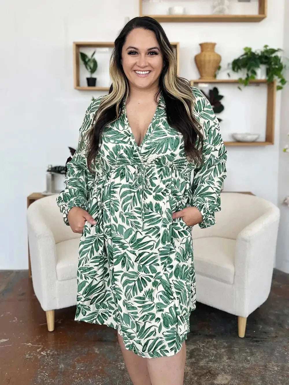 Double Take Full Size Printed Ruched Balloon Sleeve Dress - Trendsi - Flyclothing LLC