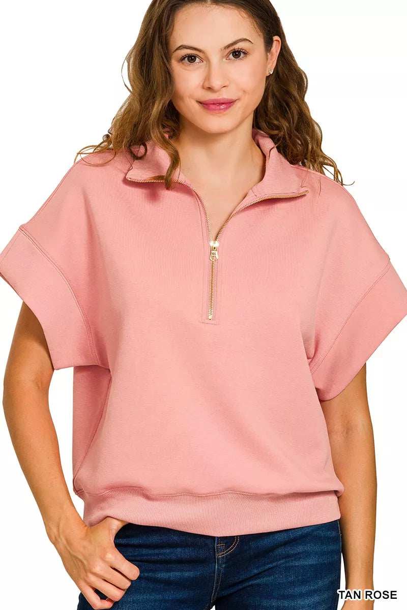 Zenana Full Size Scuba High Neck Half Zip Short Sleeve Top Plus Size - Trendsi - Flyclothing LLC