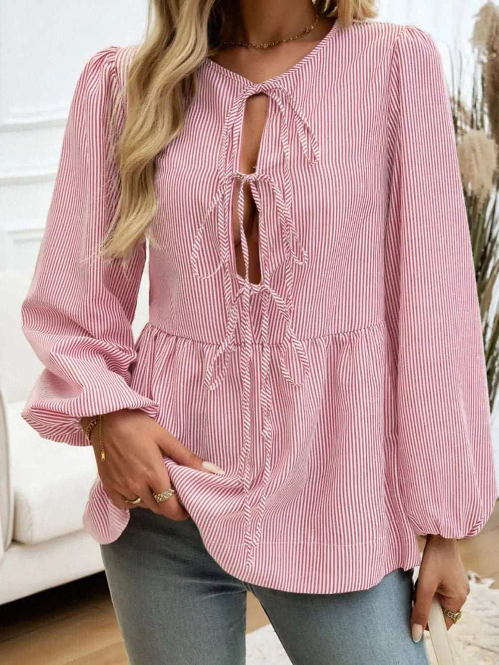 Devine Tied Striped Long Sleeve Blouse - Trendsi - Flyclothing LLC