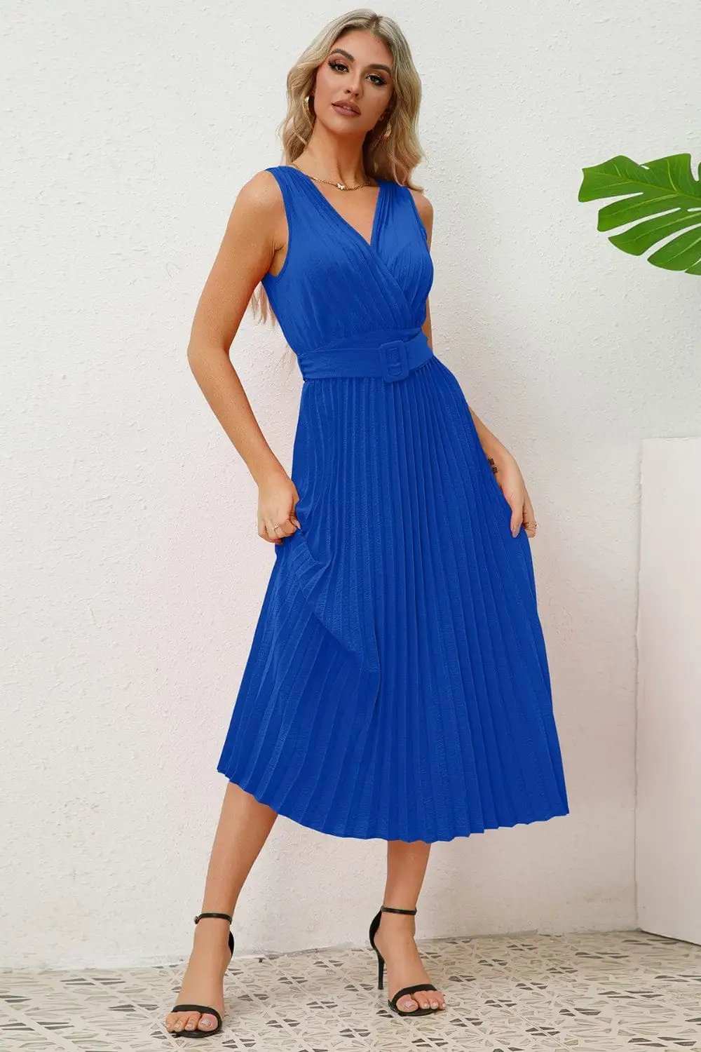 Surplice Sleeveless Midi Pleated Dress - Trendsi - Flyclothing LLC