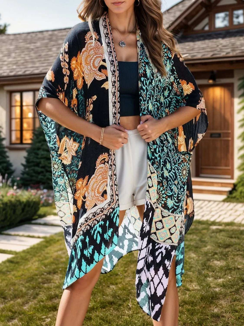 Printed Open Front Cover-Up - Trendsi - Flyclothing LLC