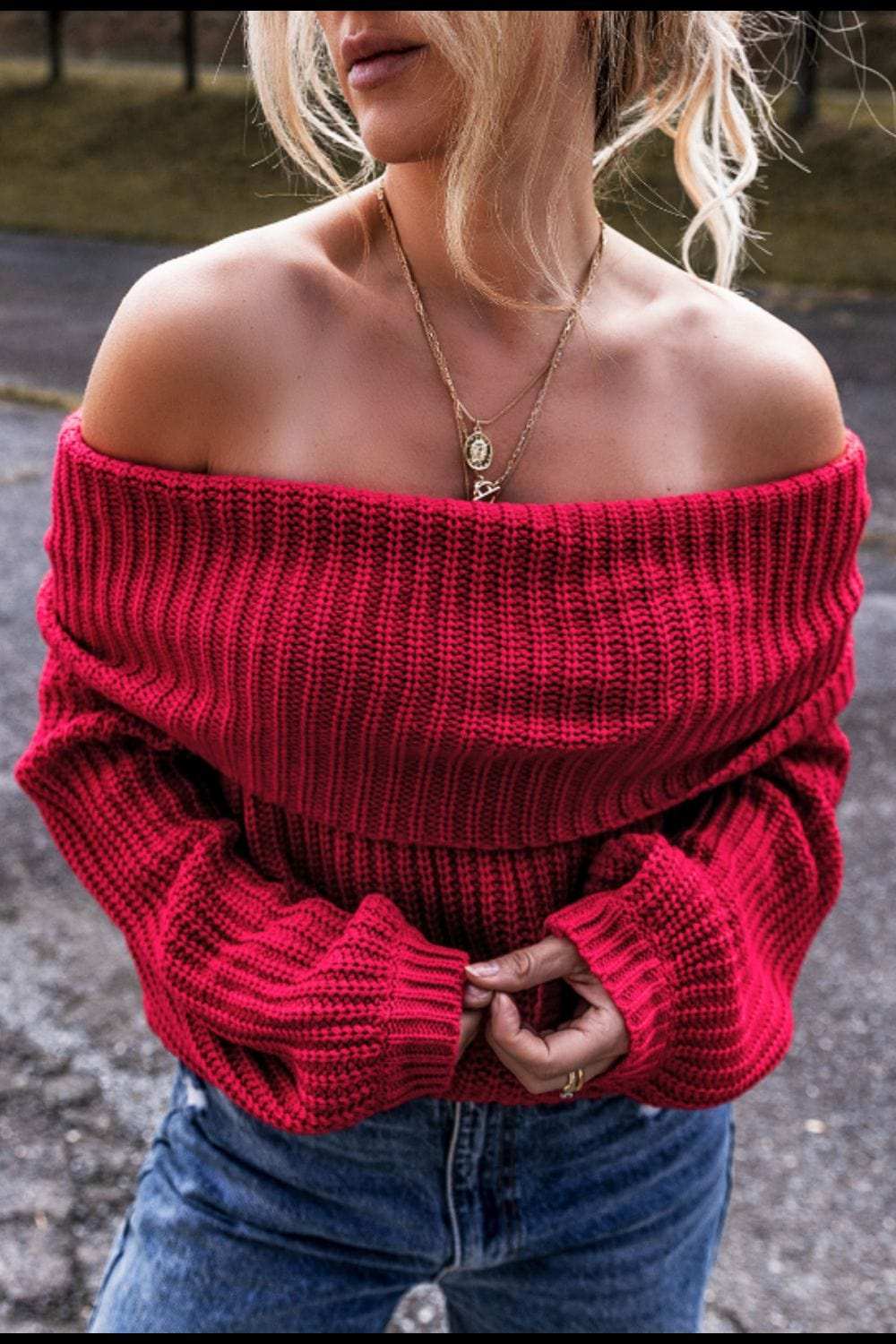 Off-Shoulder Long Sleeve Sweater - Trendsi - Flyclothing LLC