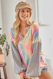 BiBi V Neck Tie Dye French Terry Top with Shiny - Trendsi - Flyclothing LLC